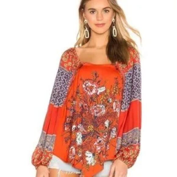 Free People Tops - Free People Womens Positano Printed Blouse Orange Floral Off Shoulder Boho large